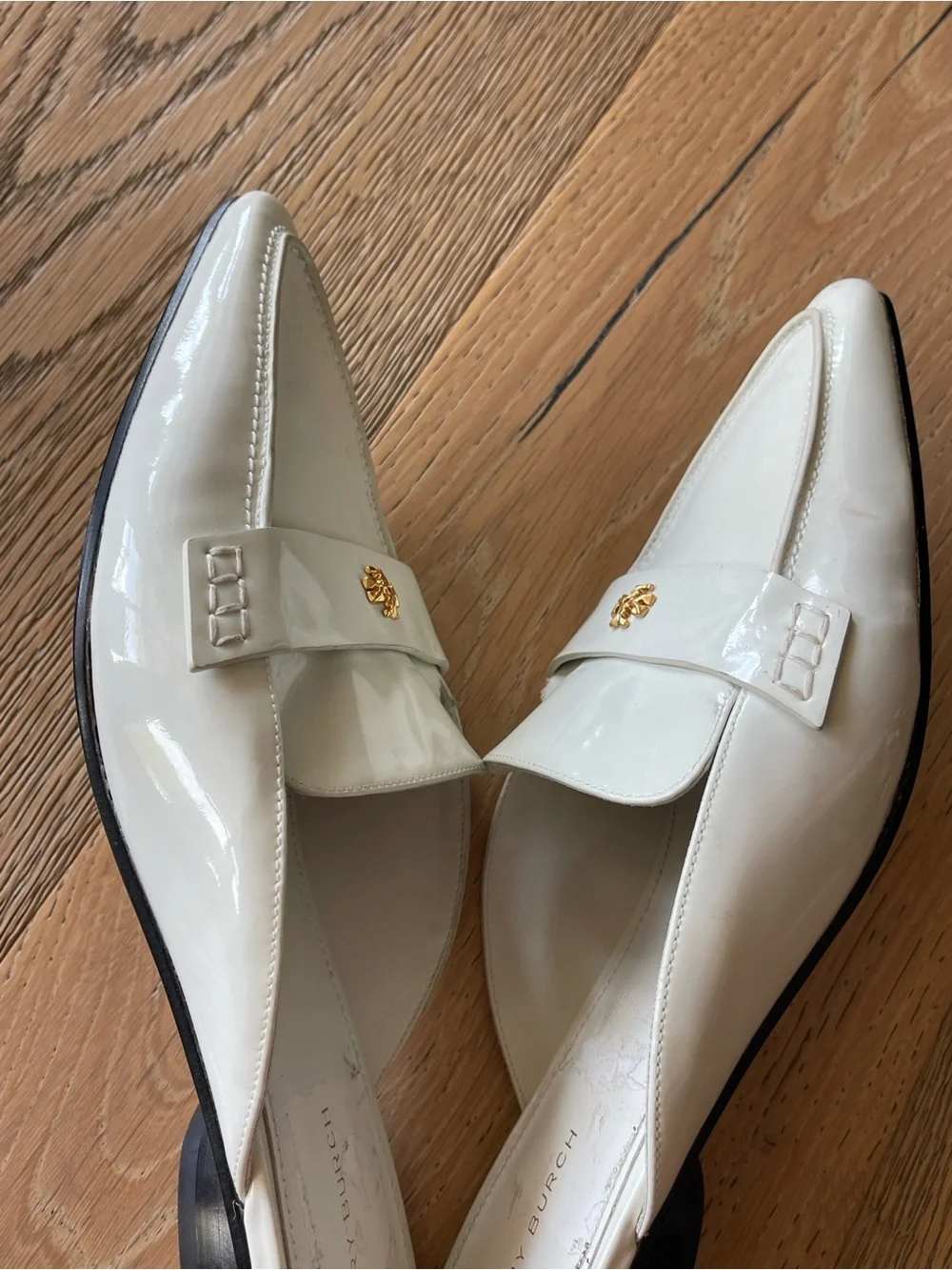 Tory Burch Cream Patent Leather Pointed Mule with Gold Logo